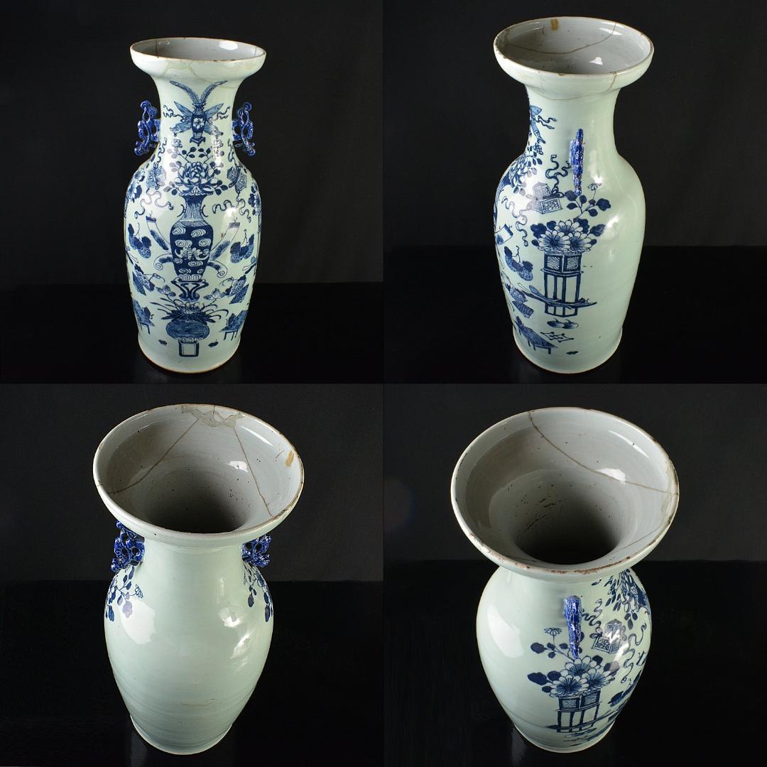 中国　青花　花瓶文　双耳盤口瓶　高さ約58.5cm　M　R6129F