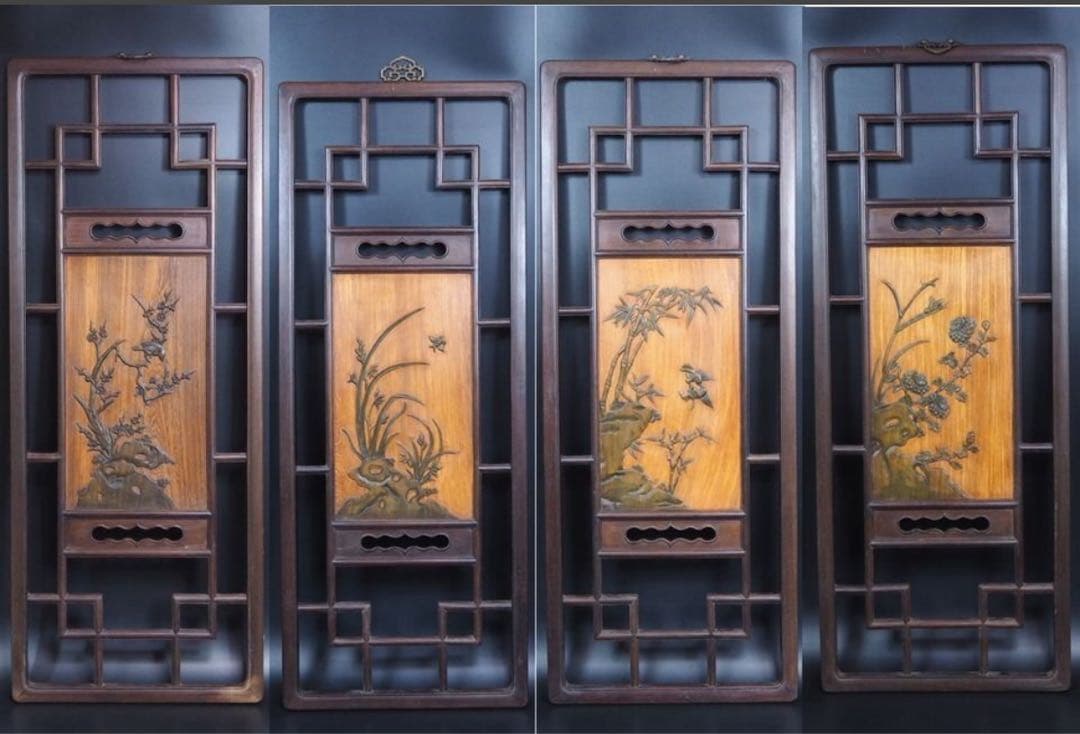 送料無料　清末～民国　唐木紅木鉄刀木　梅蘭竹菊四君子紋彫刻額　94×38ｃｍ