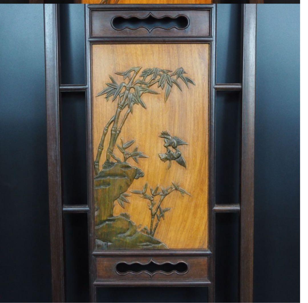 送料無料　清末～民国　唐木紅木鉄刀木　梅蘭竹菊四君子紋彫刻額　94×38ｃｍ