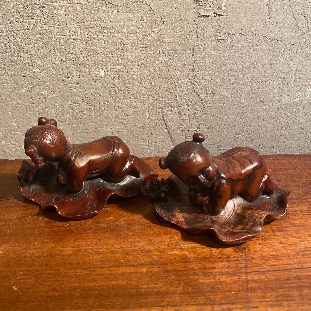 時代物 唐子 置物 蓮の葉 根付け オブジェ 骨董品 コレクション 練り物