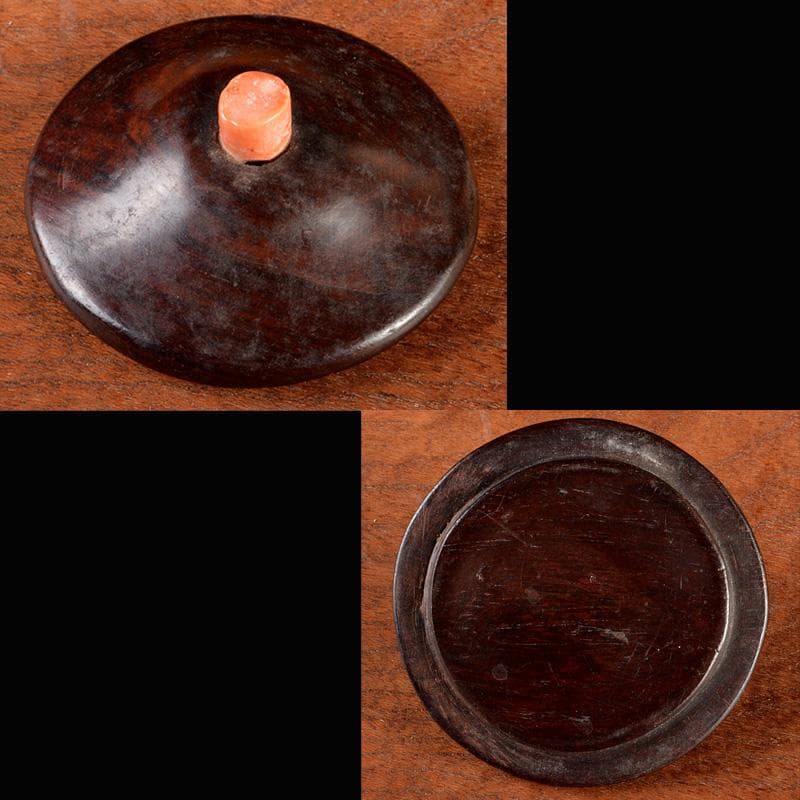 中国　玉石白玉彫刻　煎茶碗　赤珊瑚摘唐木蓋　M　R5351