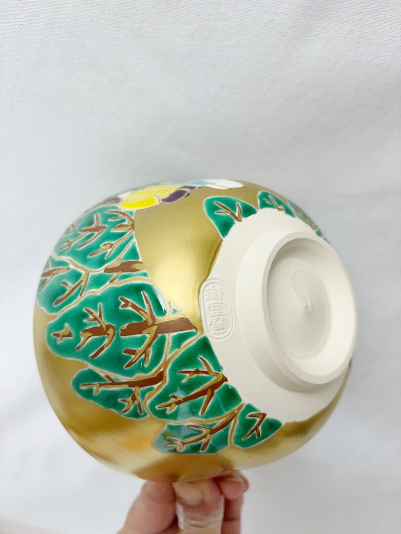 未使用 茶道具 平安御室窯 金彩 毛毬の森絵 茶碗 陶印 共布 共箱 二重箱