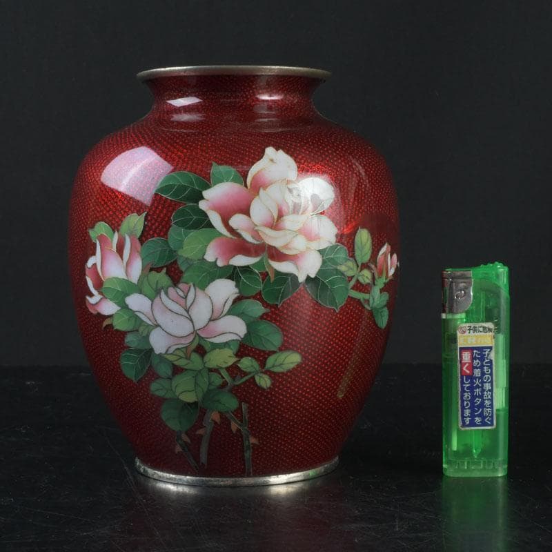 七宝焼　赤透釉　花文　花瓶　V　9604