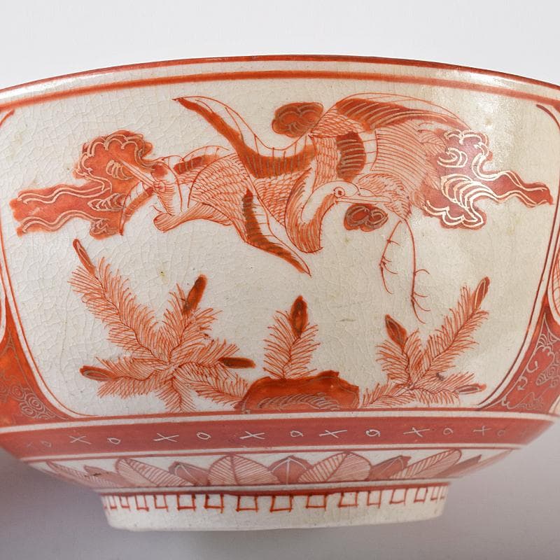 九谷焼　古九谷　赤絵金彩　窓絵　人物花鳥文　三ッ組鉢　時代箱付　U　R8370