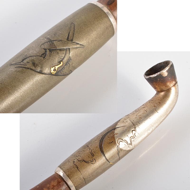 eee　彫金鳥文斑竹羅宇配管獣骨製人物刻配管入革製煙草入緒締玉BR6225