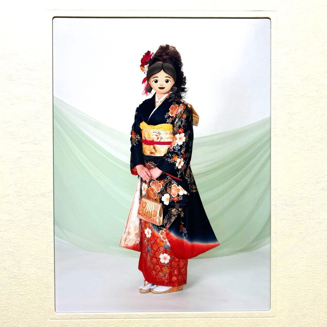 正絹の振袖 黒と赤の花柄　振り袖フルセット