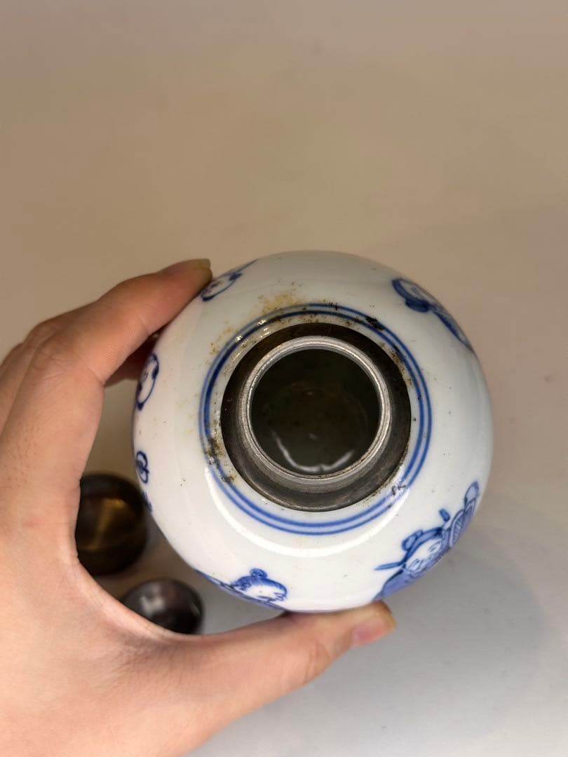 中国清代　人物染付茶葉缶　錫蓋　二重蓋　手描き　古美術　中国古陶磁　茶道具