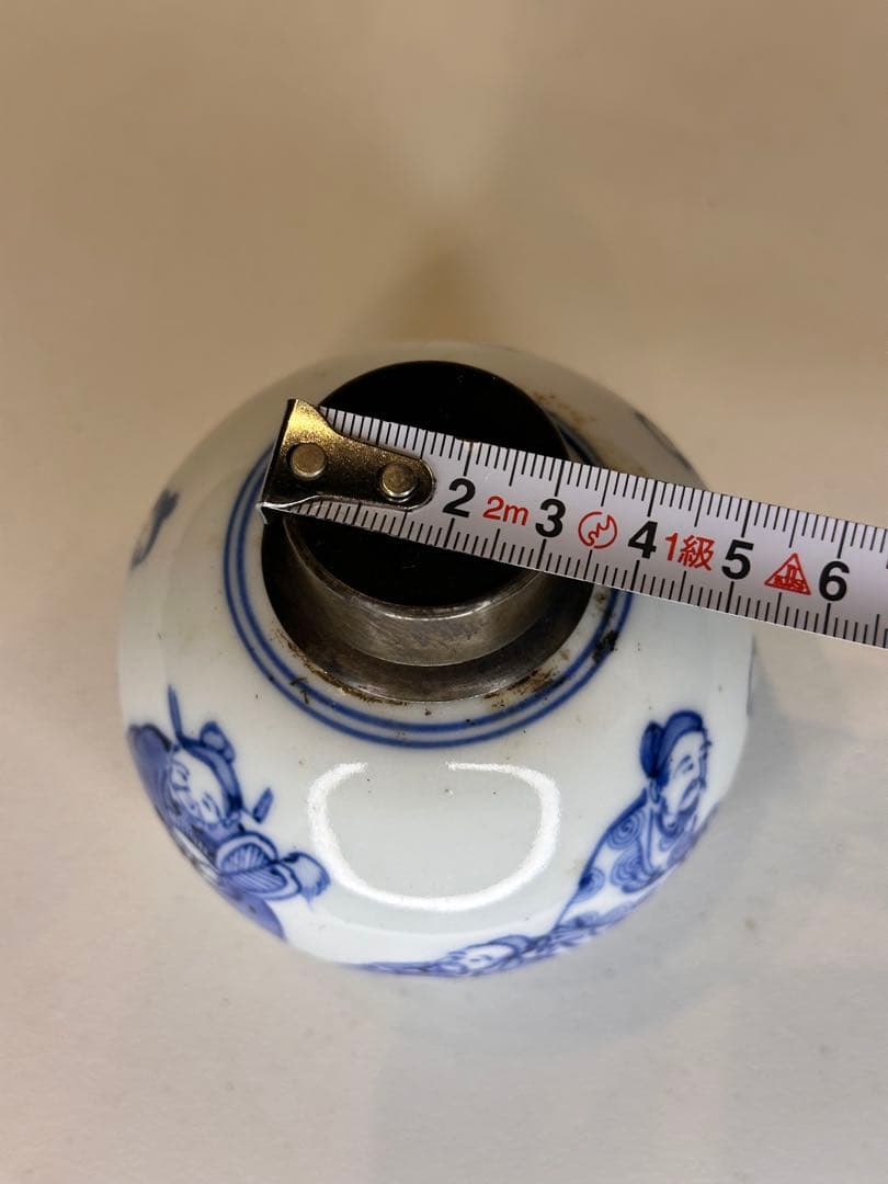 中国清代　人物染付茶葉缶　錫蓋　二重蓋　手描き　古美術　中国古陶磁　茶道具