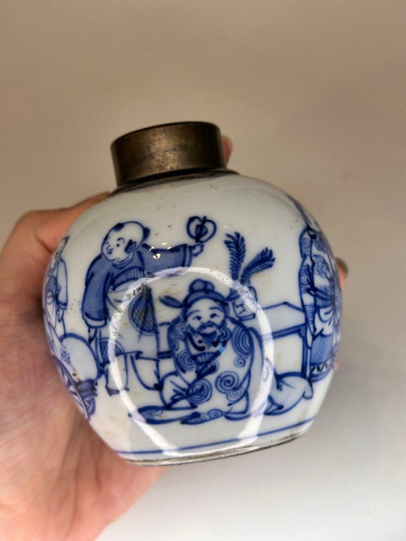 中国清代　人物染付茶葉缶　錫蓋　二重蓋　手描き　古美術　中国古陶磁　茶道具