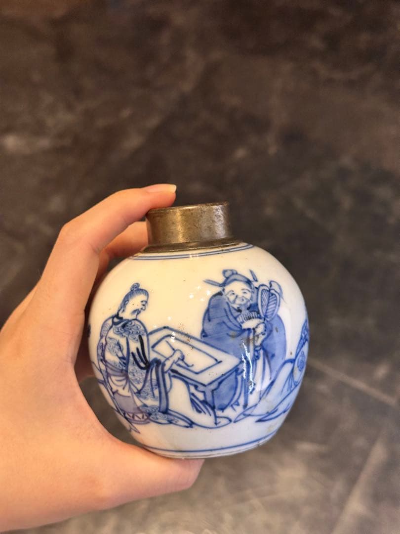 中国清代　人物染付茶葉缶　錫蓋　二重蓋　手描き　古美術　中国古陶磁　茶道具