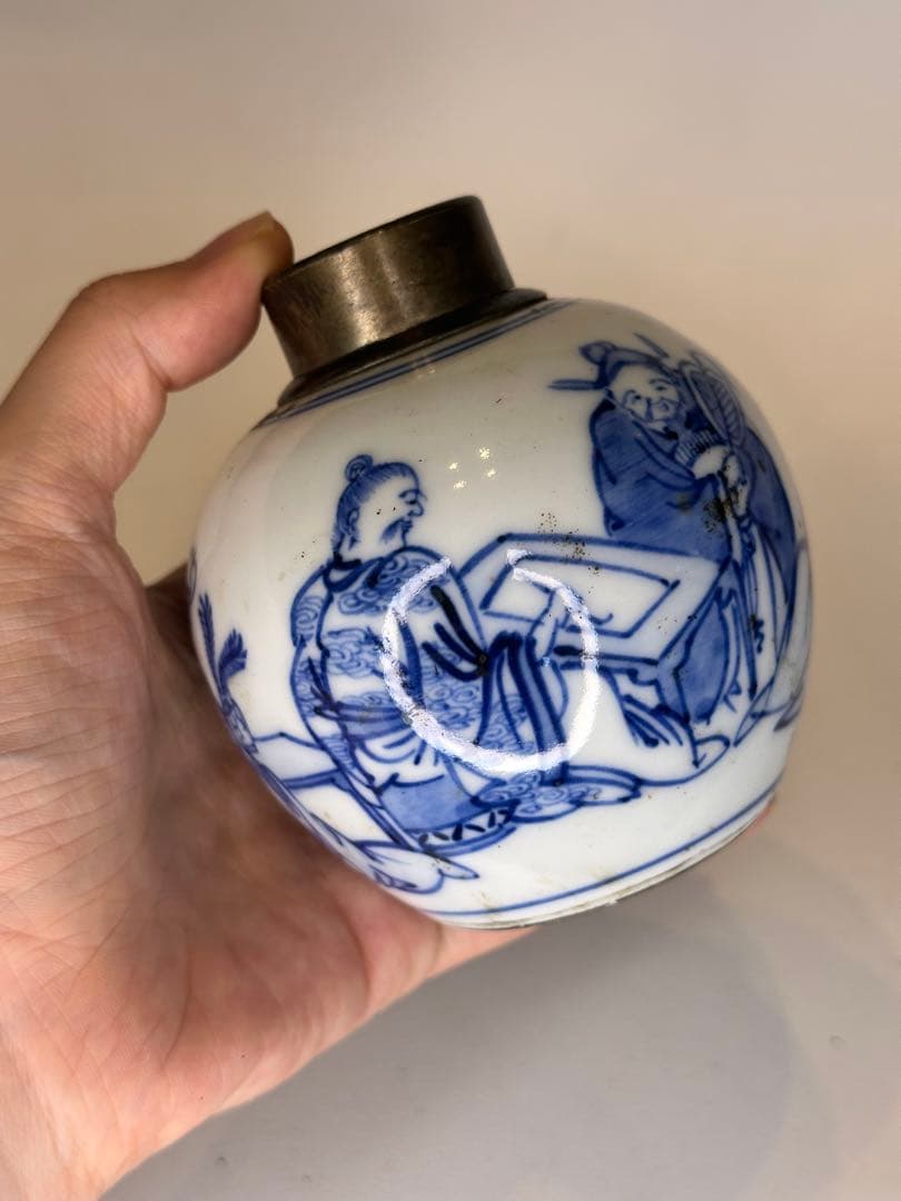 中国清代　人物染付茶葉缶　錫蓋　二重蓋　手描き　古美術　中国古陶磁　茶道具