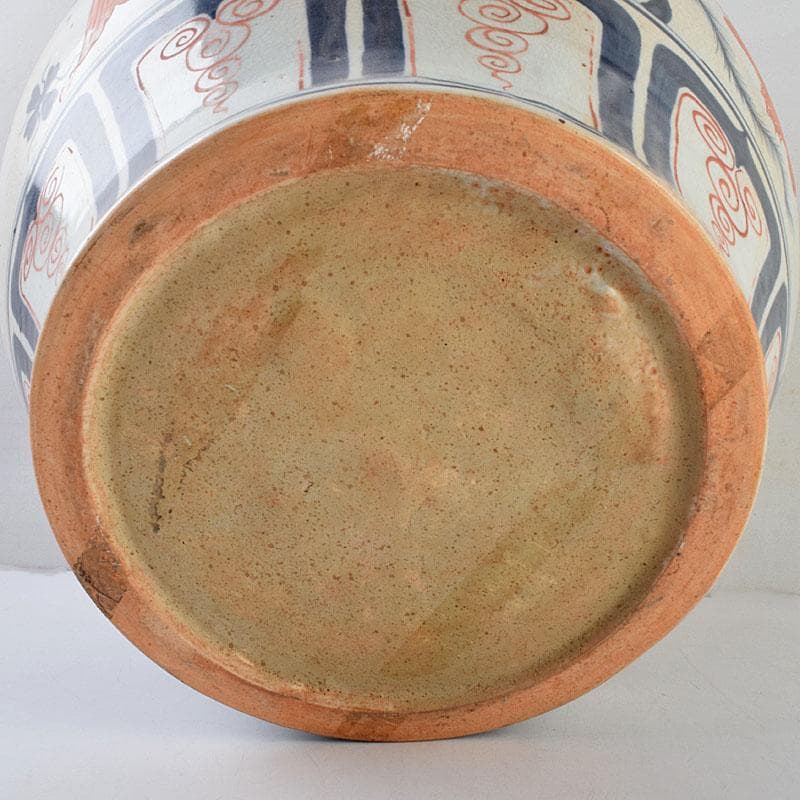 大発中国　辰砂　花弁魚藻文　獅子摘　蓋壺　Ｃ　8939Ａ