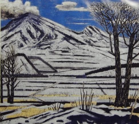 山本 丘人、月夜の噴煙、大判、額装用・画版、日本製・新品額 額装付