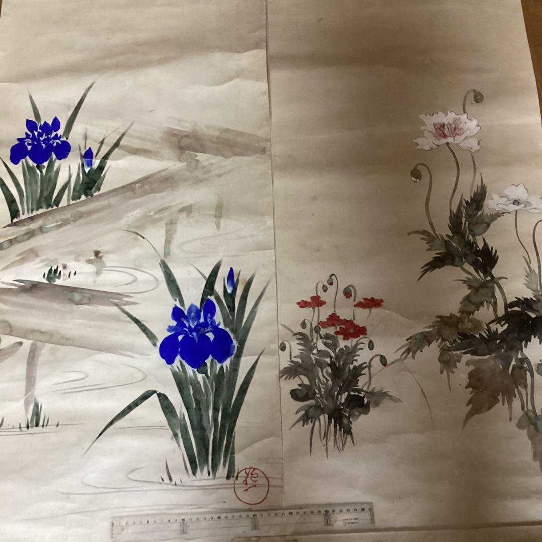 酒井抱一　紙本　捲り三幅　【桜に草花図、芥子の花、菖蒲図】落款印譜　模写108
