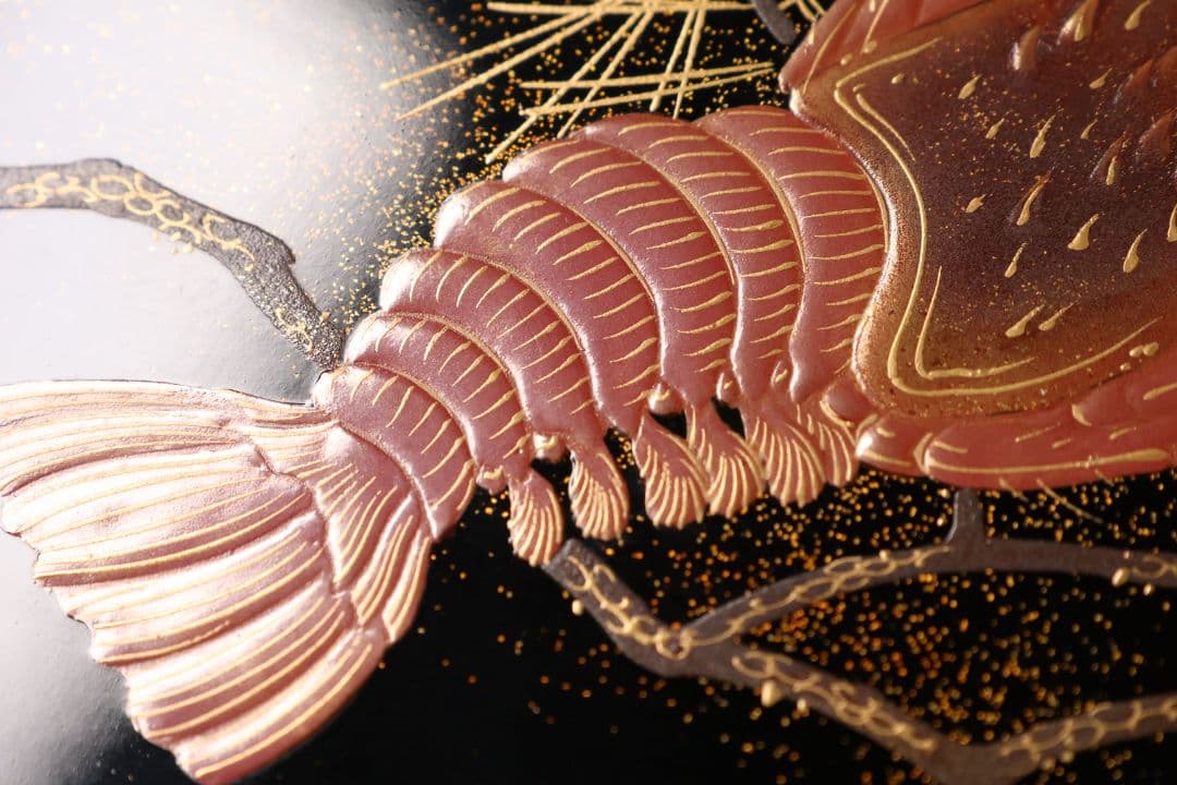 木製 松と海老 蒔絵 重膳一組 在銘 四方盆 大小二枚 香雲？【MA746】