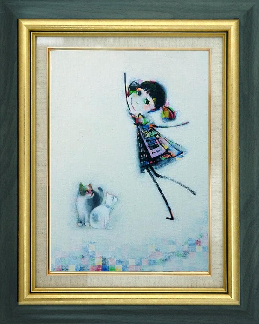 油絵 菅家令子絵 絵画インテリア額付(青緑＋金色の枠)F4-030419猫女の子