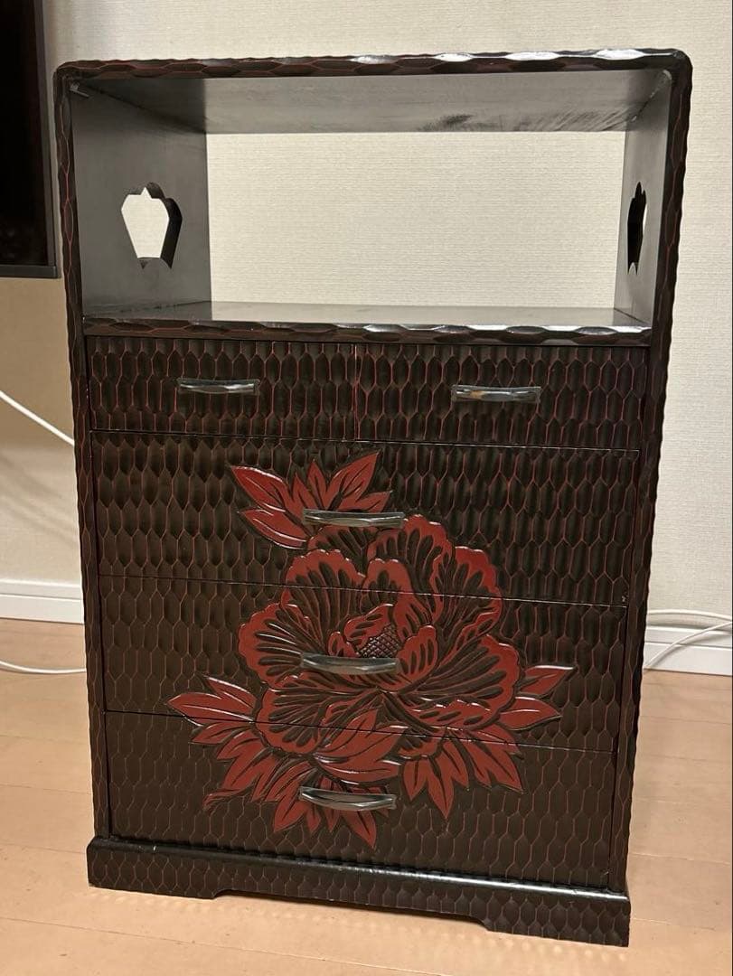 昭和レトロ 鎌倉彫 茶箪笥 飾り棚 チェスト アンティーク レア used 美品