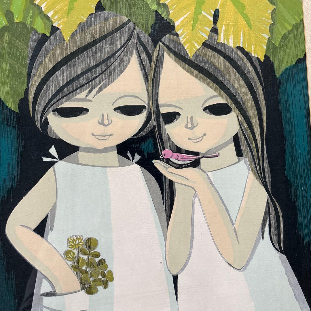 池田修三 「あかいとり」 木版画1976年制作　額入り直筆サイン　人物画希少作品