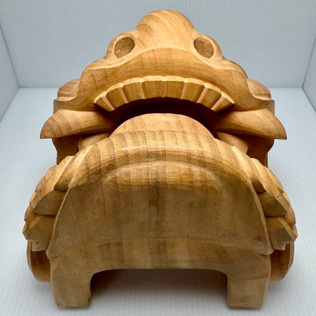 未使用 木彫 獅子頭 横山一夢作 木製 獅子 置物 共箱 説明書 作家物