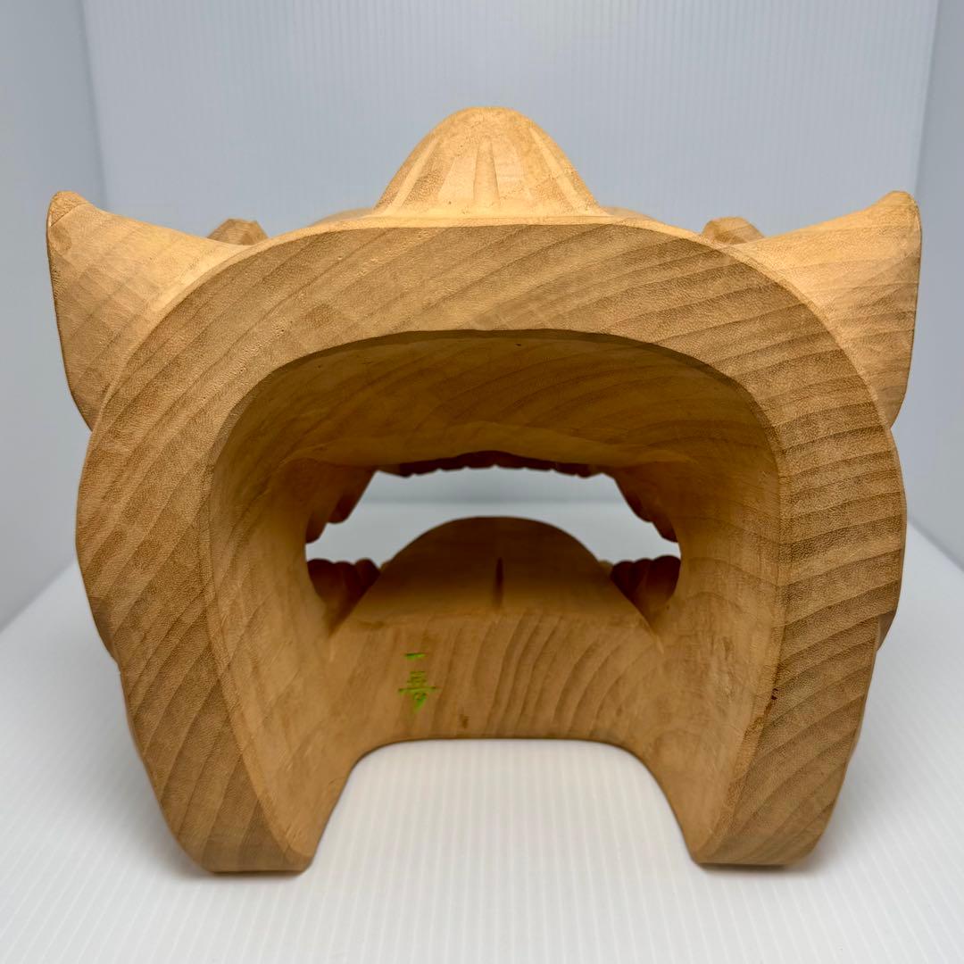 未使用 木彫 獅子頭 横山一夢作 木製 獅子 置物 共箱 説明書 作家物