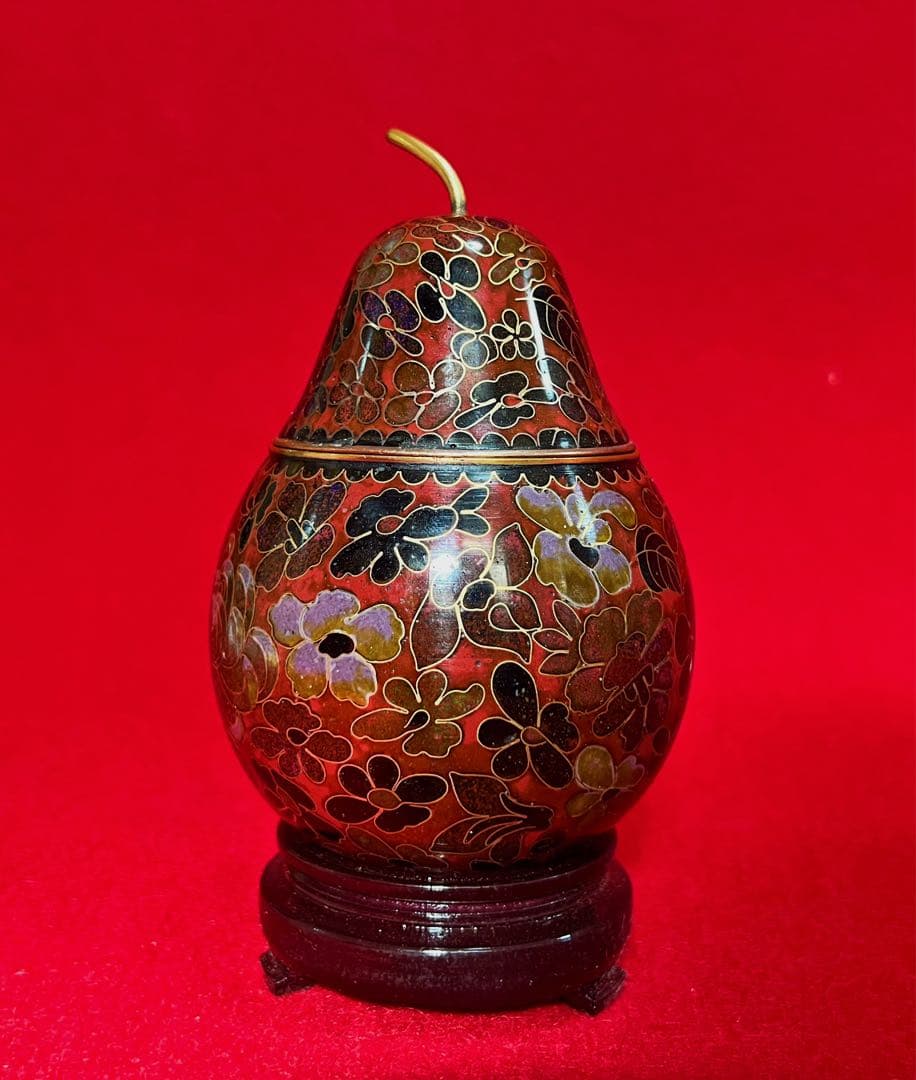 中國美術 景泰蓝 七宝焼 梨香合 香道具 台座付き