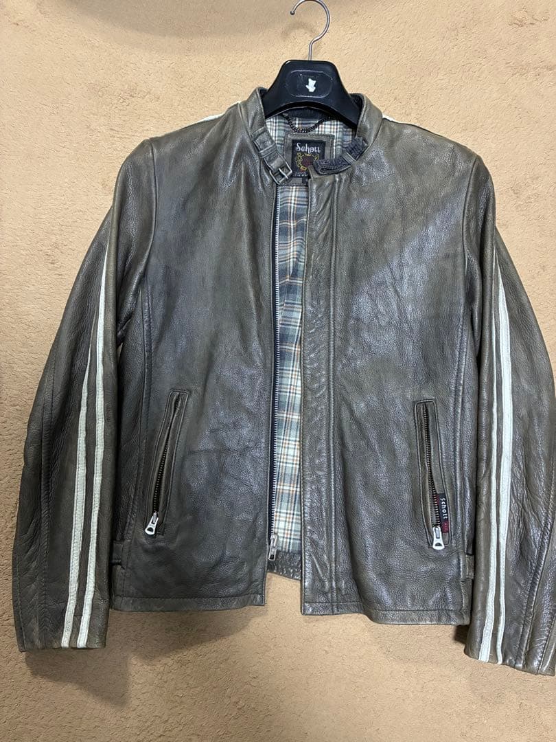 Schottクラッシックレーサー　シングルライダース　袖白2本線　牛革Sサイズ