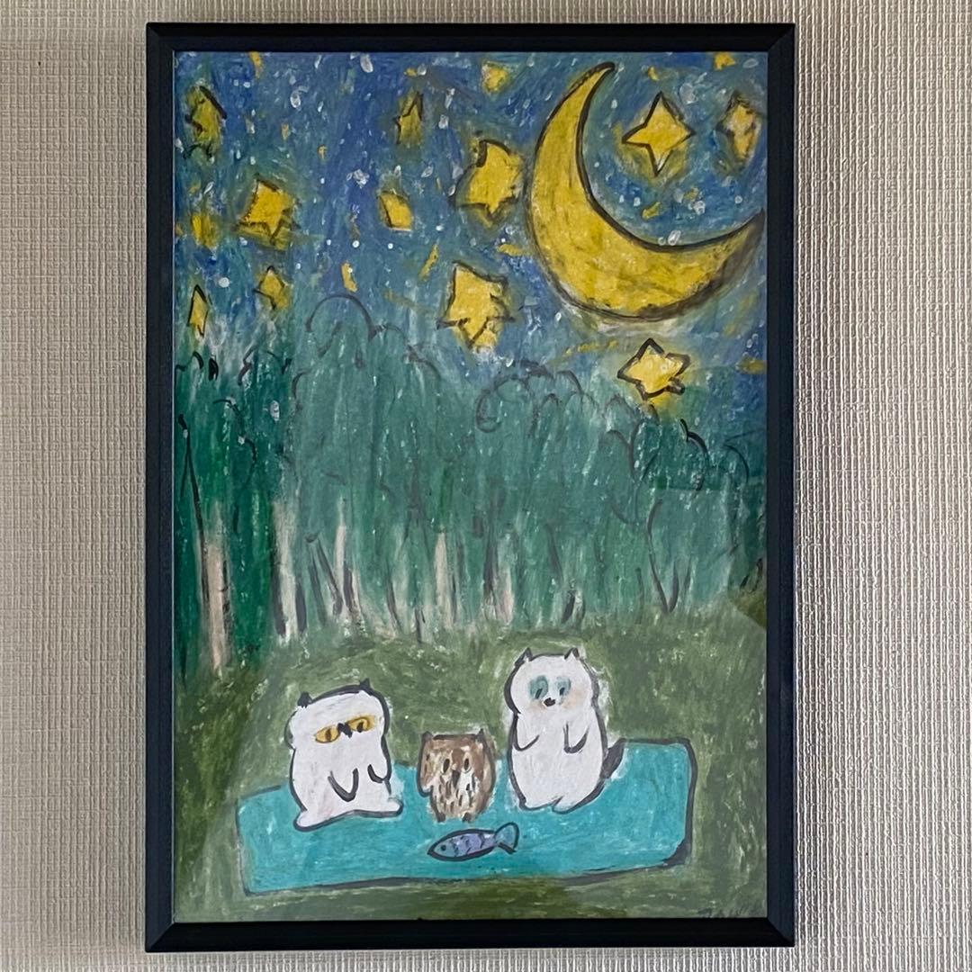 絵画 。壁掛け絵原画手描き【美しい月夜、猫たちとフクロウのデート】