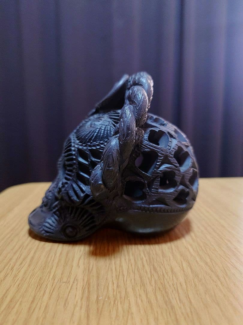 メキシコ雑貨 オアハカ製黒泥頭蓋骨 置物 希少 工芸品