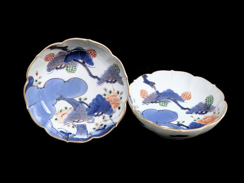 古伊万里　染付　三蓋松に牡丹の図　大膾皿　２客　江戸期　B231AS-CAj