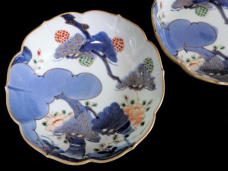 古伊万里　染付　三蓋松に牡丹の図　大膾皿　２客　江戸期　B231AS-CAj