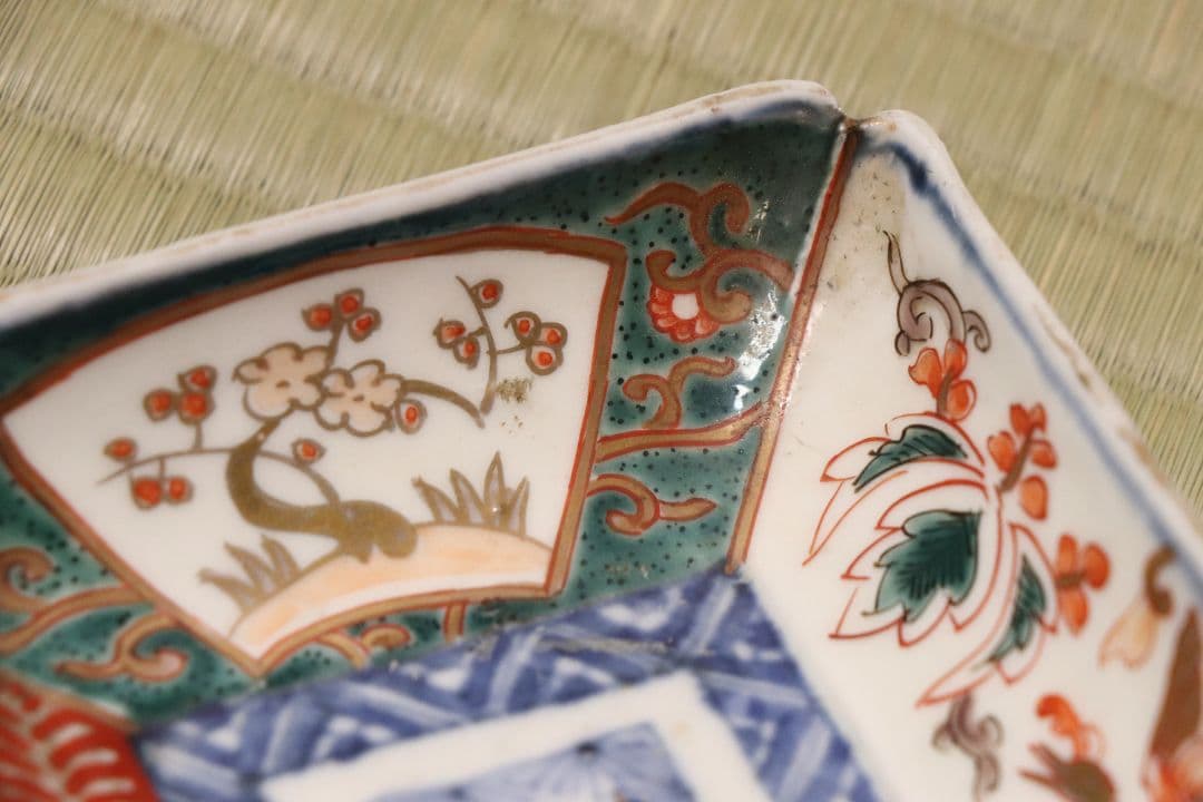 【CM51】古伊万里 色絵 長方刺身皿 角皿 五客 桐鳳凰 松竹梅 扇面 花唐草