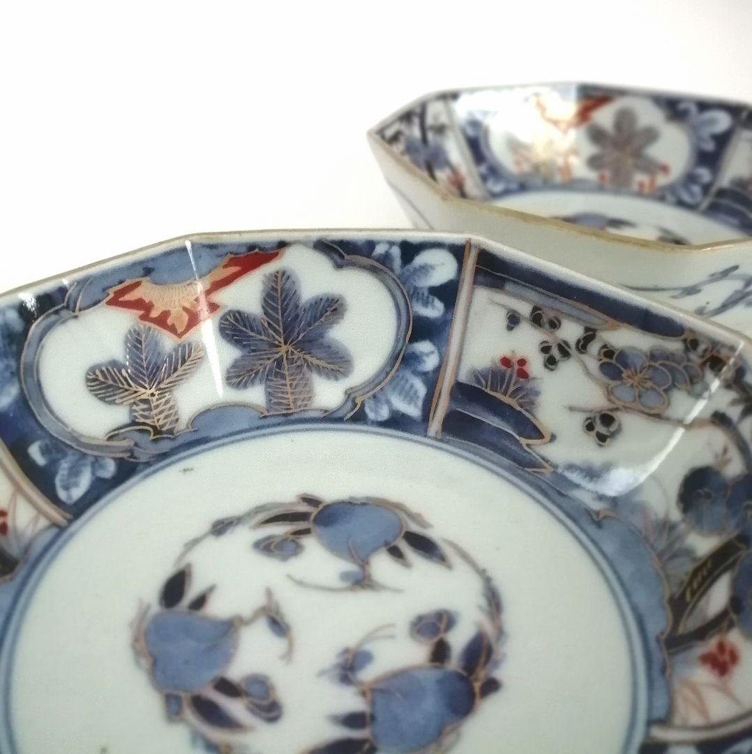 古伊万里　角福　色絵　若松　松竹梅に桃図　八角　なます皿　２客