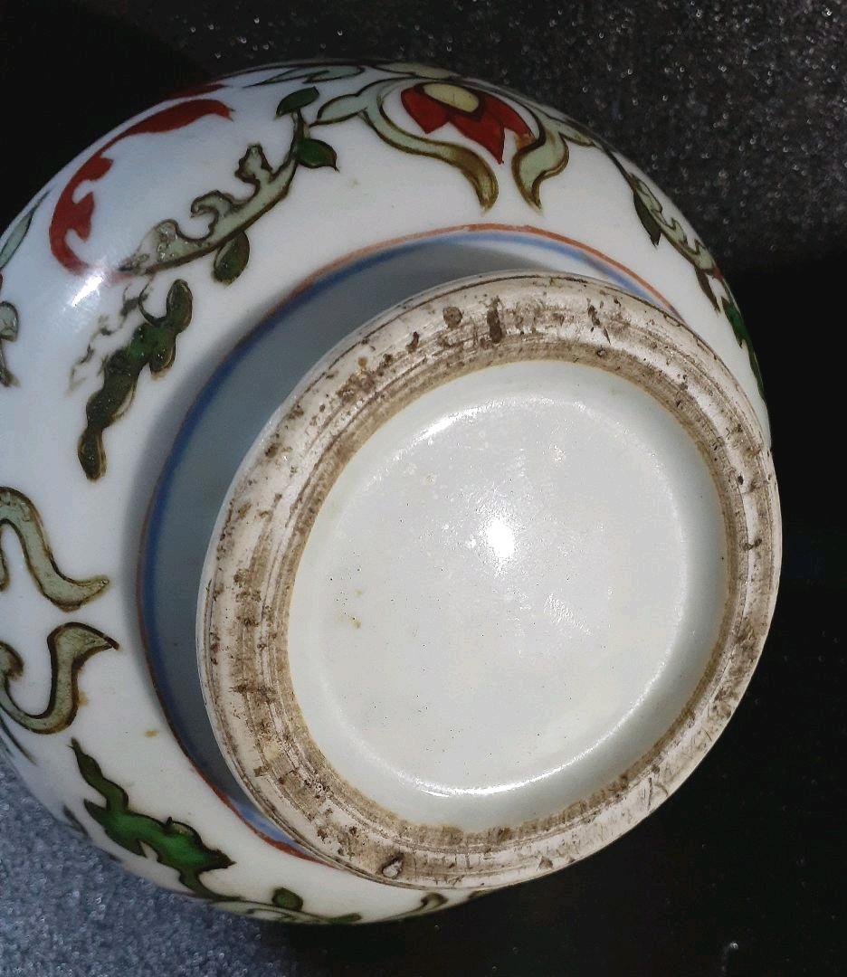中国古美術　古玩　明朝　古赤絵　天啓赤絵　五彩　花図　瓶　花瓶　胴継ぎ有り