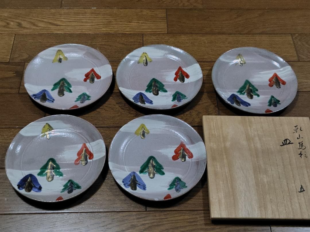 永楽善五郎　 色絵金彩 乾山写 杉の絵 銘々皿 五枚 共箱付