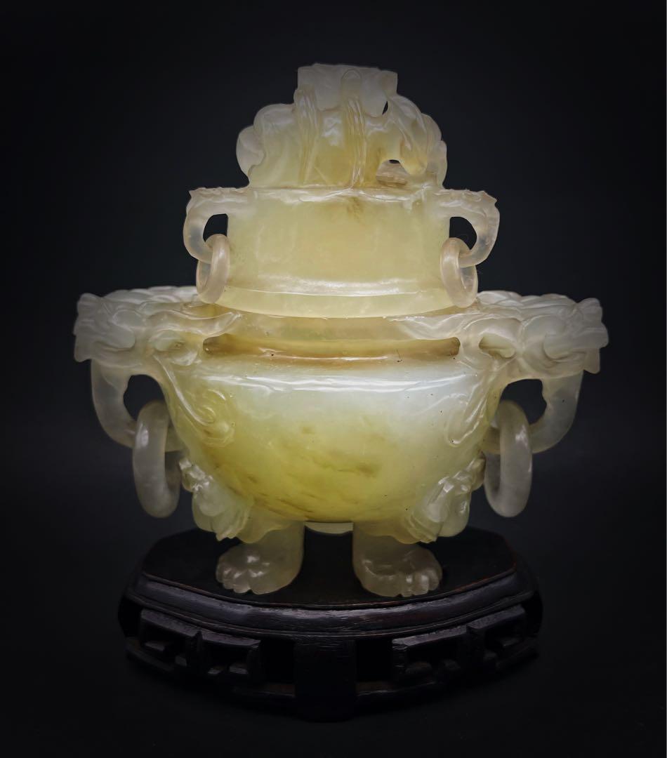 中国美術 古玩 龍紋獸足香壚 青玉香爐 香道具 台座付き