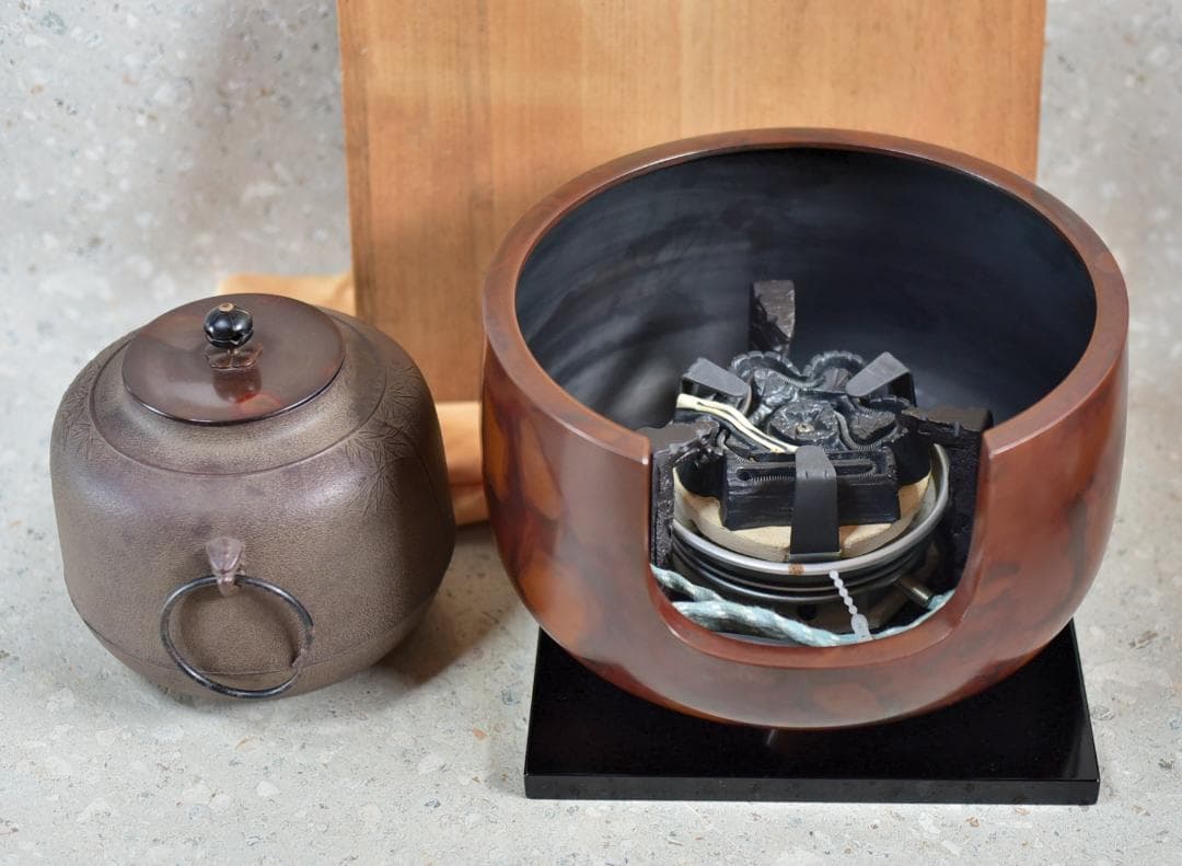 特価、唐銅風炉斑紫銅＆竹文茶釜、電熱器、五徳、敷板5点組【極上品】　お茶道具/箱