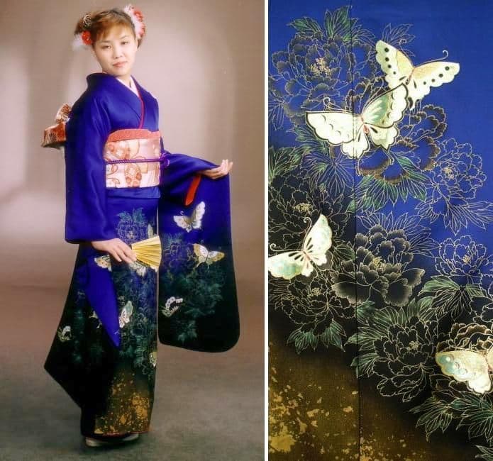 今大変お得な 正絹振袖セット 濃ブルー地金彩蝶柄 成人式 卒業式にも最適
