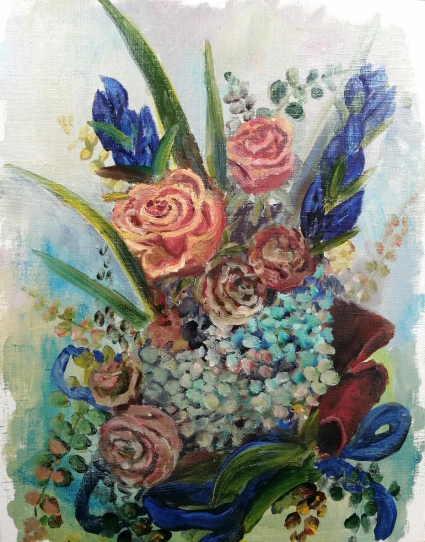ギフト、レトロなスタイルの花束、油絵, バラ, あじさい