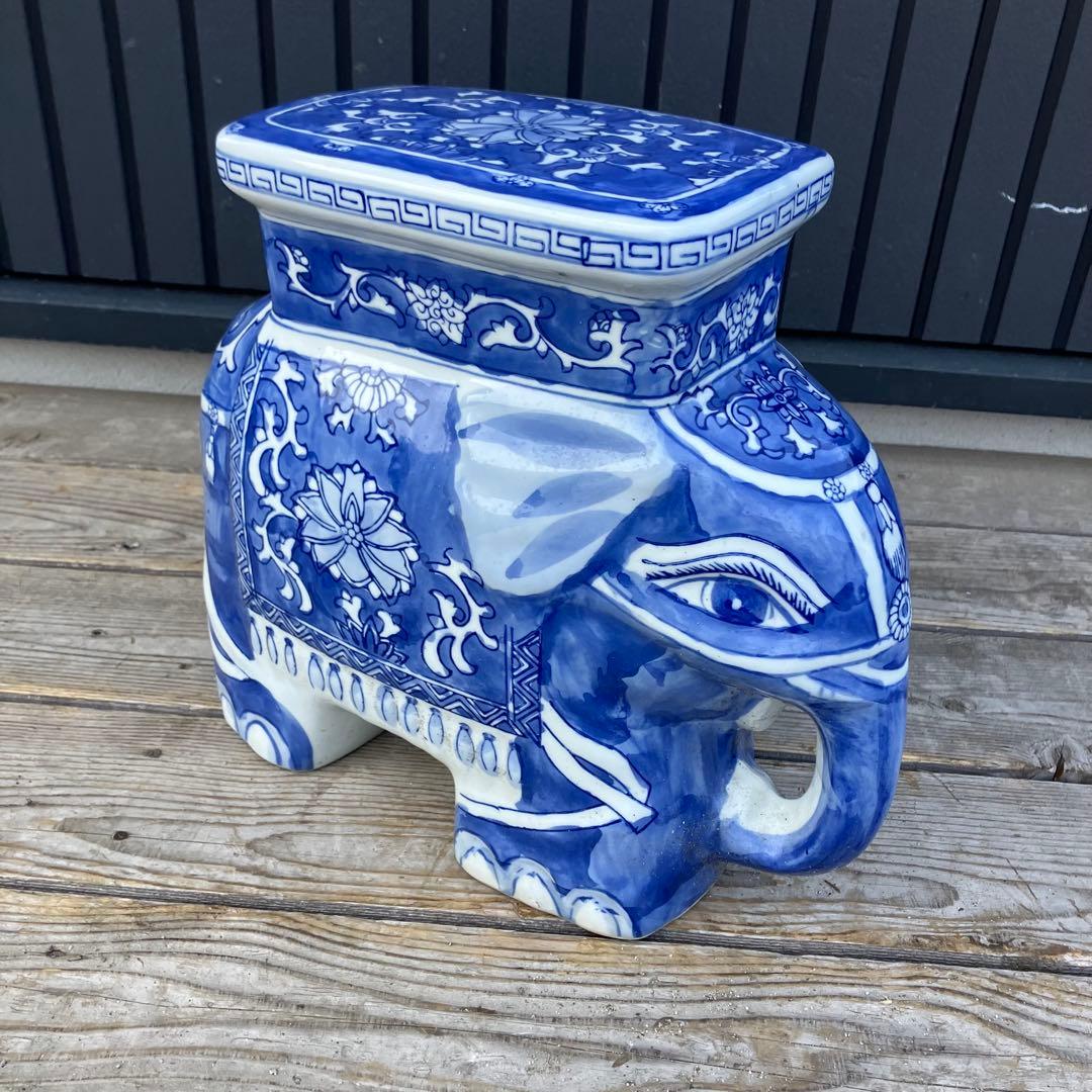② 景徳鎮 中国美術品 陶器製 象 オブジェ 飾り スツール 花台 骨董品 置物