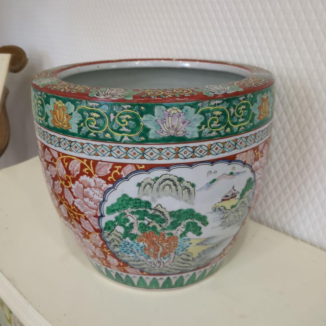 骨董 古伊万里 火鉢 十錦手 色絵 鉢カバー 睡蓮鉢 傘立て 金魚 めだか