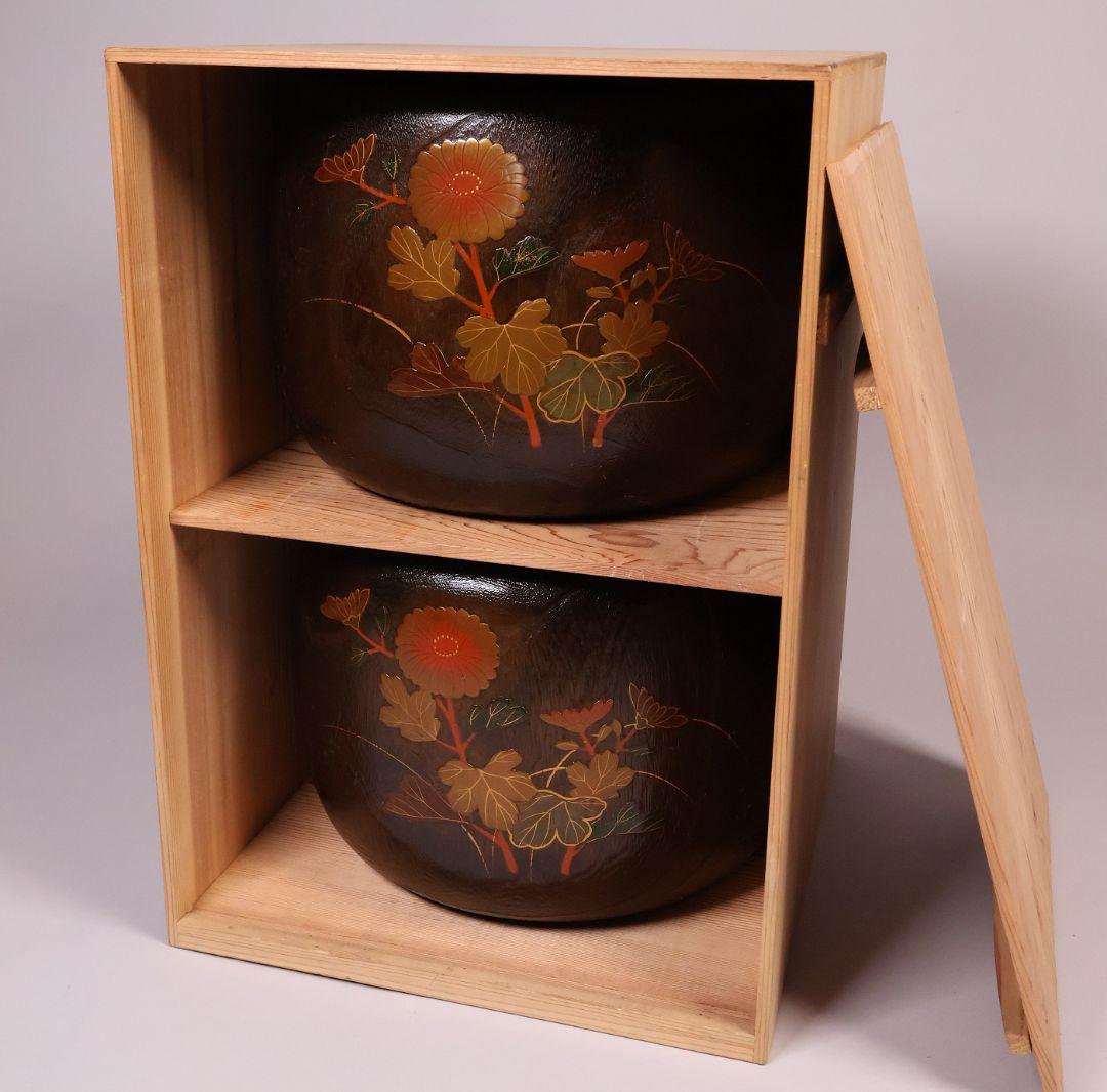 桐火鉢一対 菊蒔絵 草花 木箱入り 手あぶり 古民具 漆芸 茶道具【MB55】