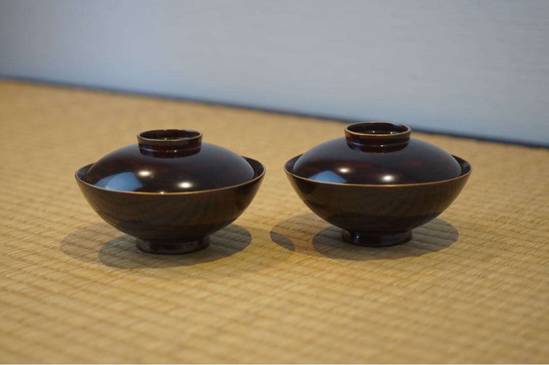 明治期 輪島塗 工房印有 三日月に蝙蝠蒔絵 溜塗 吸物椀 2客/木製漆器 茶懐石