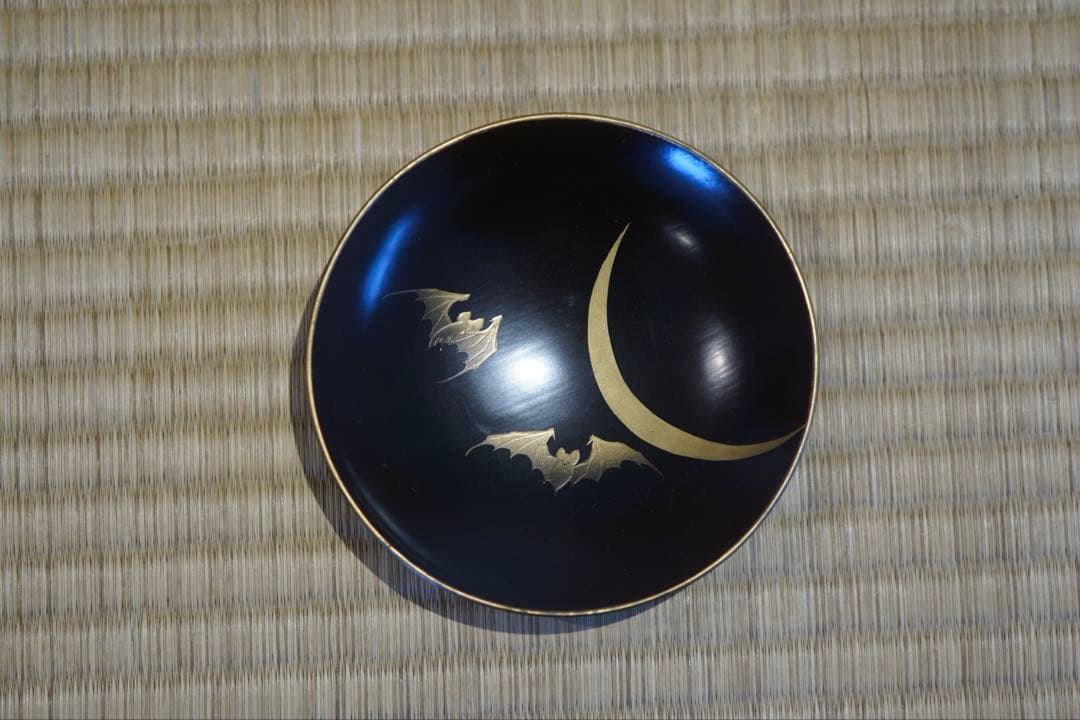 明治期 輪島塗 工房印有 三日月に蝙蝠蒔絵 溜塗 吸物椀 2客/木製漆器 茶懐石