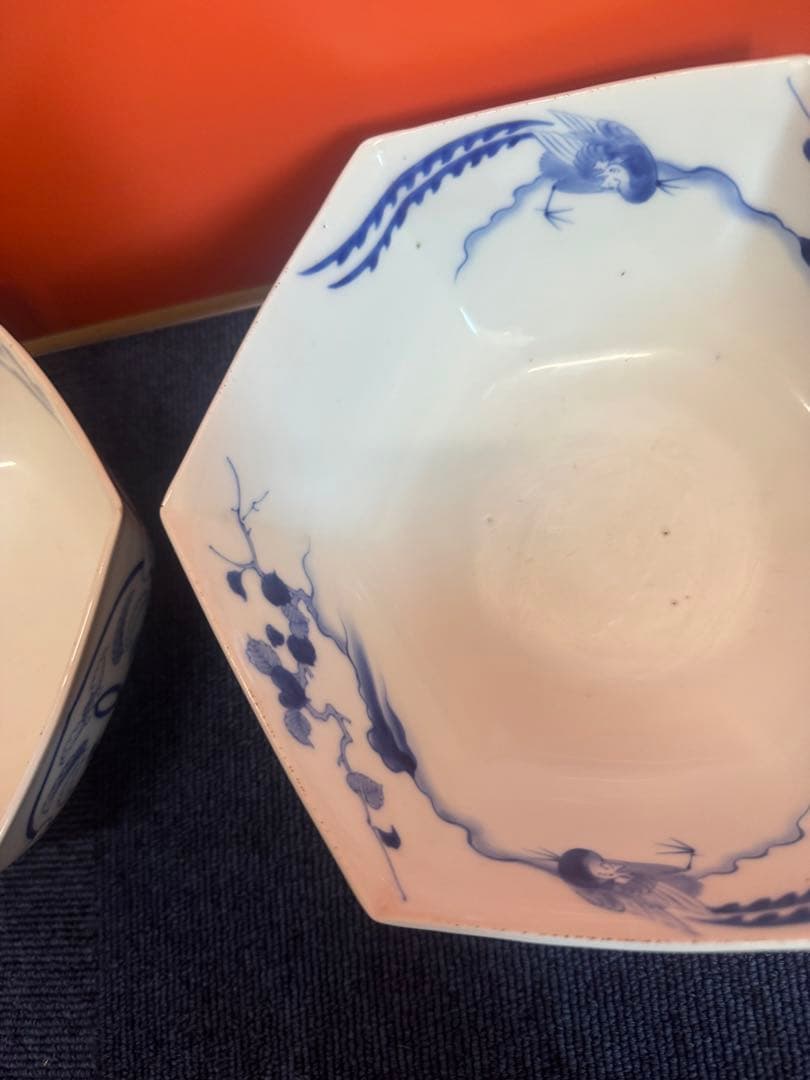 1885 香蘭社　染付鳳凰文　六角深鉢　2客　時代物