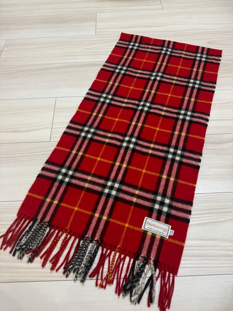 バーバリー　カシミヤ　マフラー　チェック　レッド系
