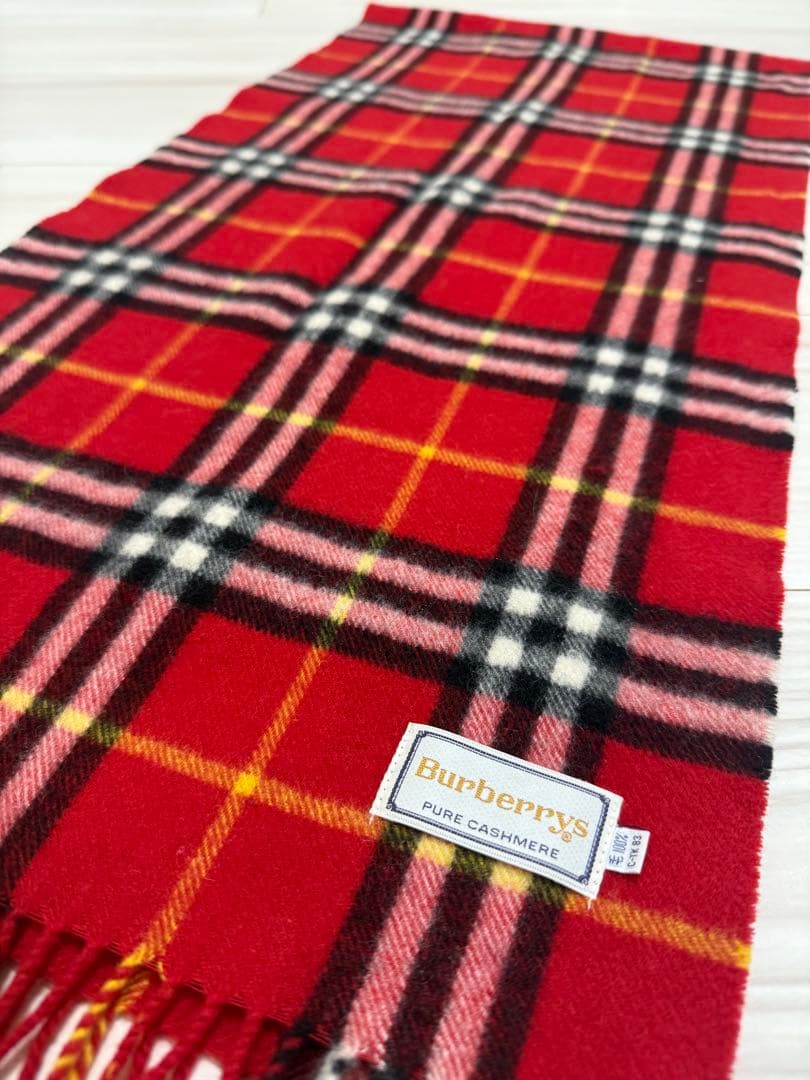 バーバリー　カシミヤ　マフラー　チェック　レッド系