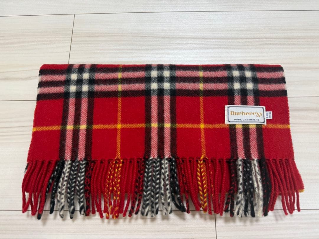 バーバリー　カシミヤ　マフラー　チェック　レッド系