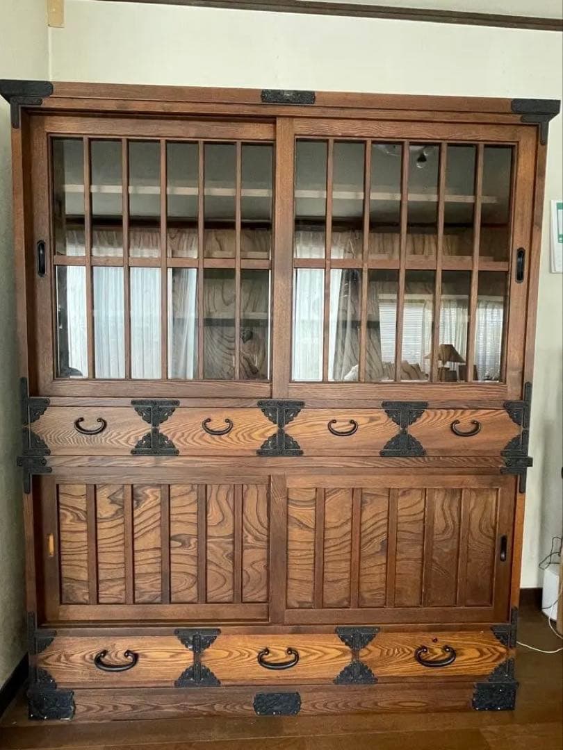 破格送料無料 アンティーク/水屋箪笥/食器棚/ガラス棚/ダイニングボード