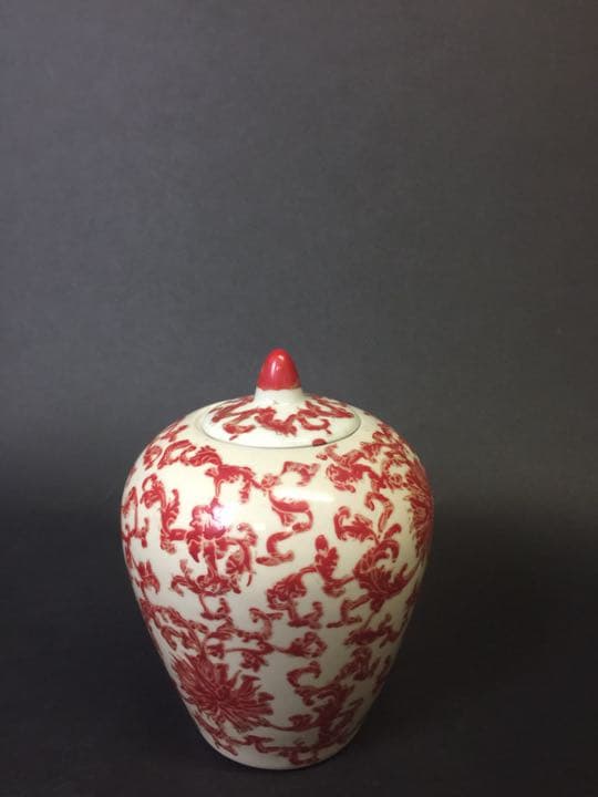 中国古玩  蓋罐 紅釉薬描き 乾隆年製落款