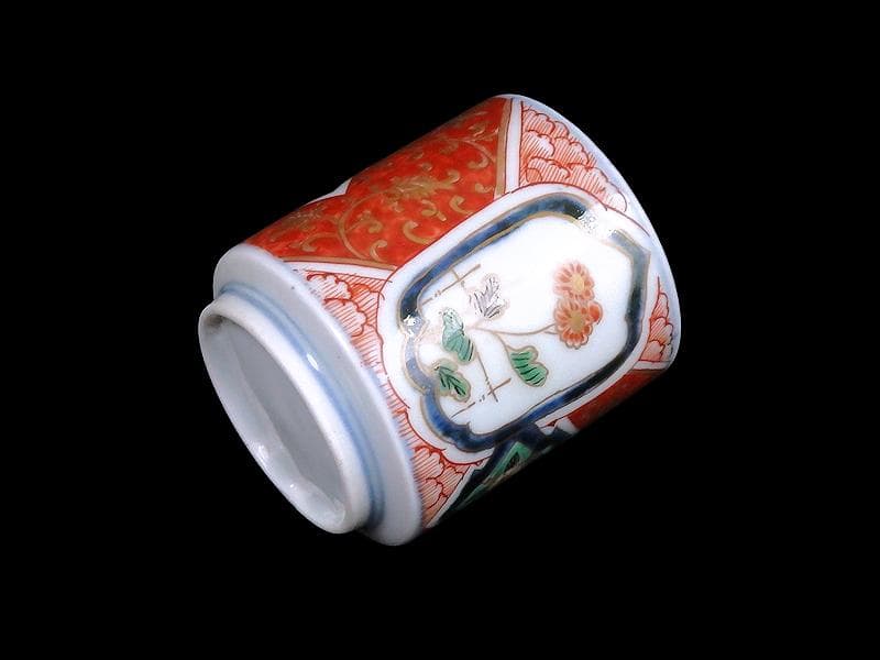 古伊万里　色絵　窓絵　花に金唐草図　のぞき 猪口　D802AS-CYg